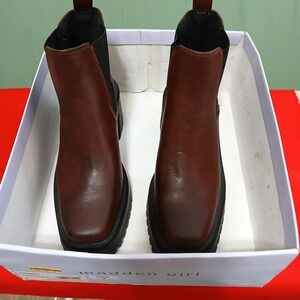 Madden Girl Women's Brown Ankle Booties Size 7 Pull-On Block Heel Chunky Shoes